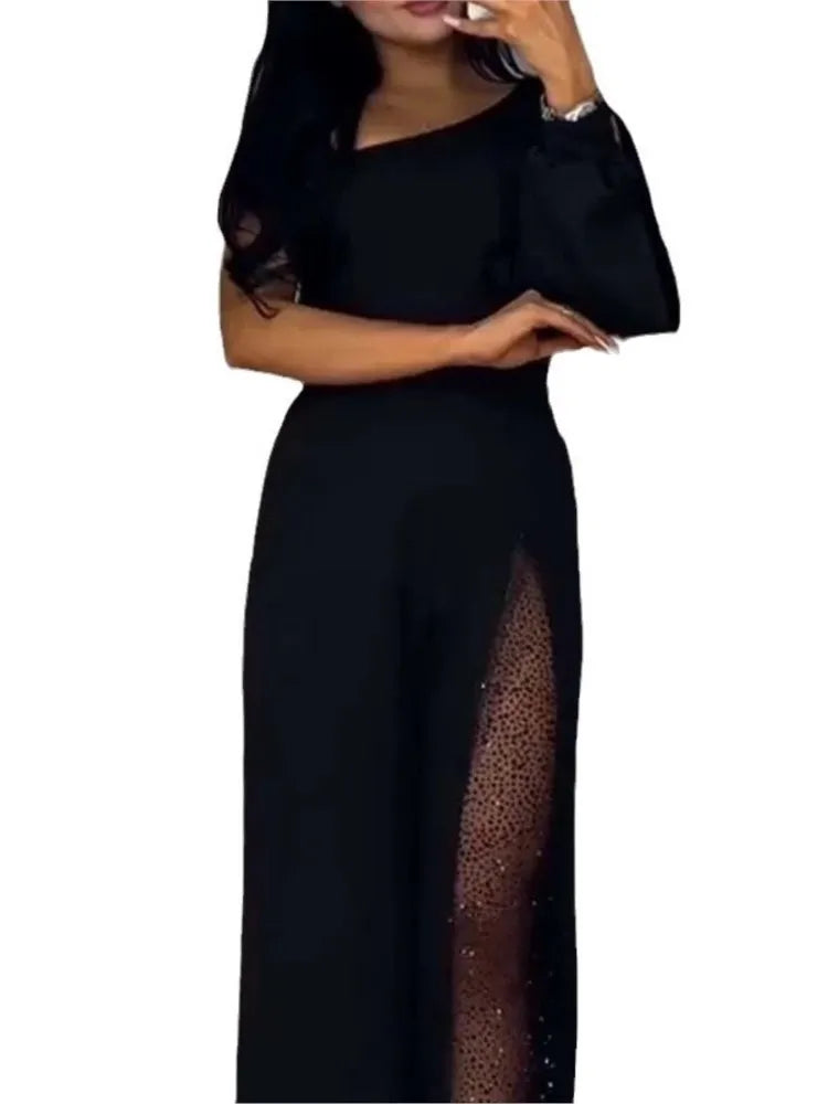 Fashion sexy off shoulder high slit jumpsuit, long sleeve black party jumpsuit
