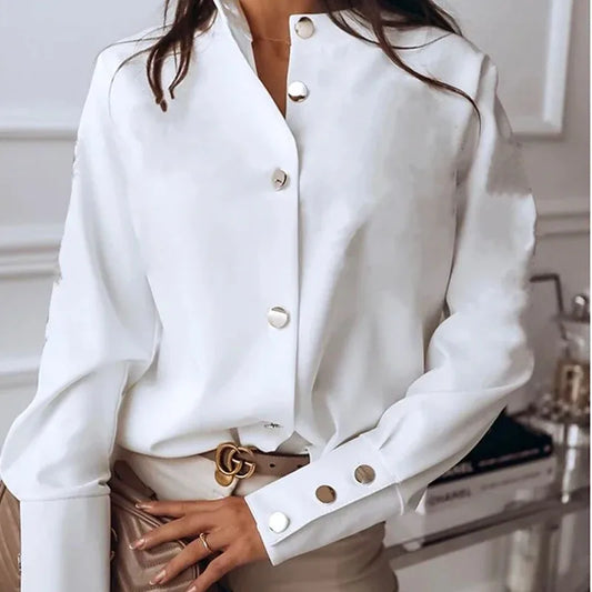 Long Sleeve 2024 Stand Collar Office Lady Tops Button Up Women Blouse White Casual Woman Shirt Fashion Black Loose Shirts 10619