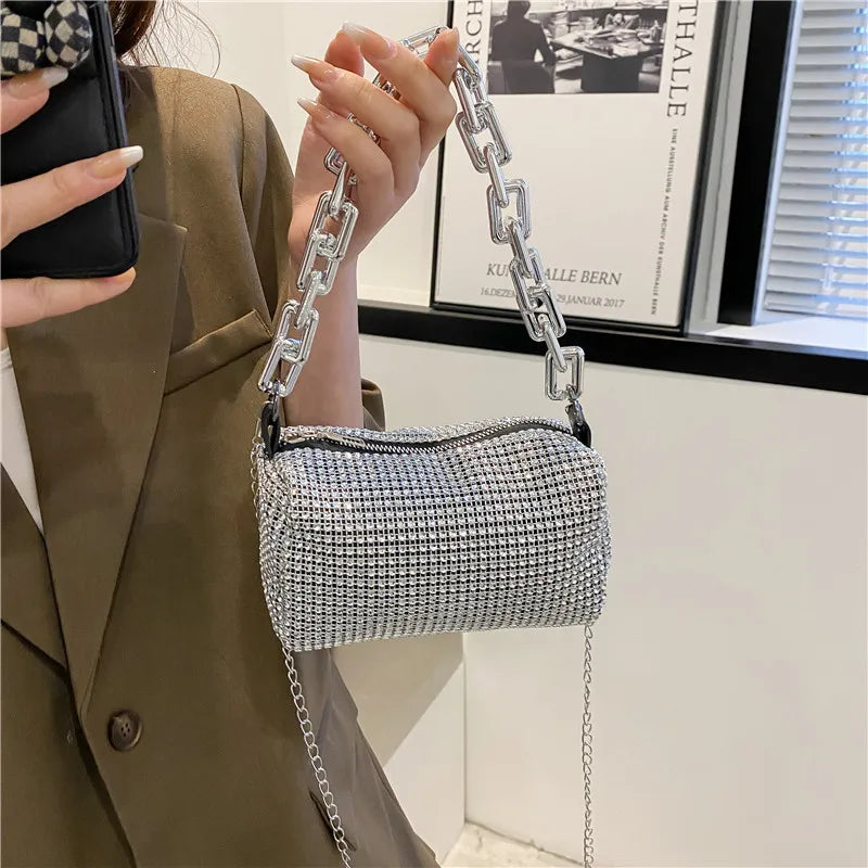 Women's Rhinestone Small Shoulder Bag Shiny Chain Handbag (6.3*3.54) inches