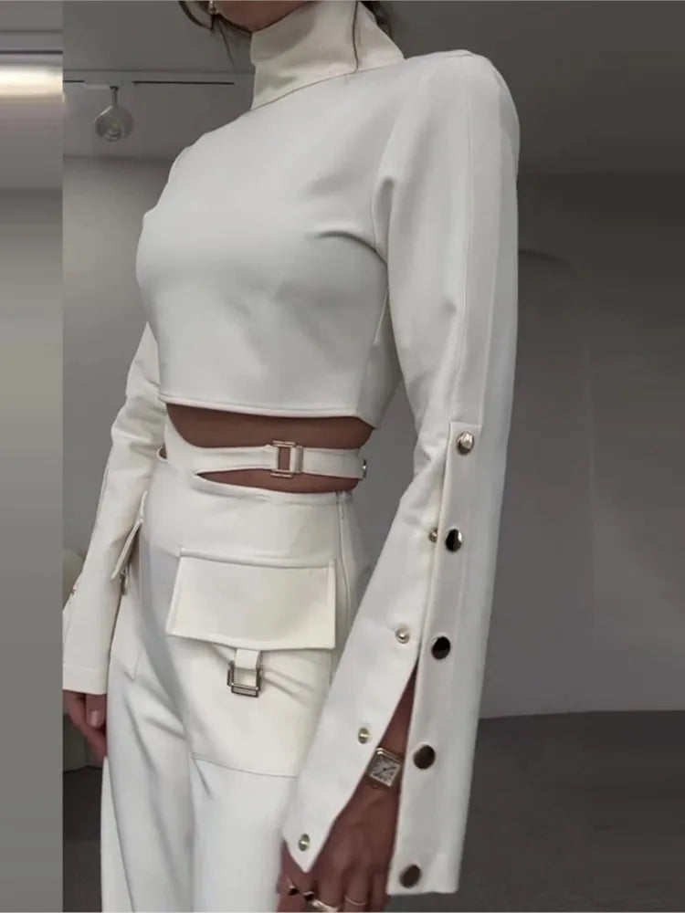 Chic 2-Piece Set for Women – Long Sleeve Crop Top & Wide-Leg Pants | Available in Black & White