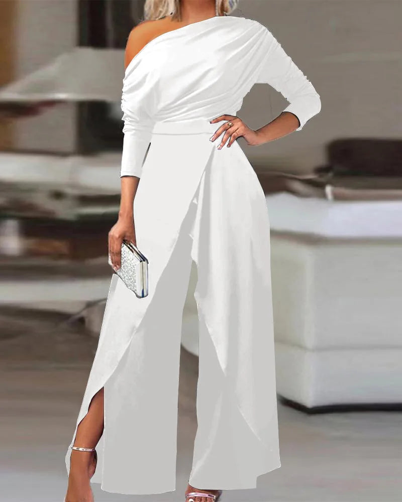 Jumpsuit for Women Elegant Office Lady Loose Ruched One Shoulder Split Hem Wide Leg Jumpsuit
