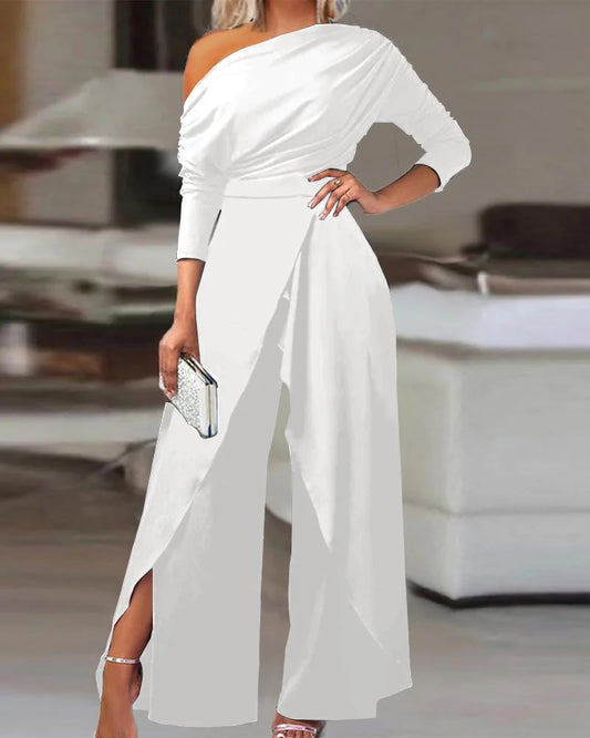 Jumpsuit for Women Elegant Office Lady Loose Ruched One Shoulder Split Hem Wide Leg Jumpsuit