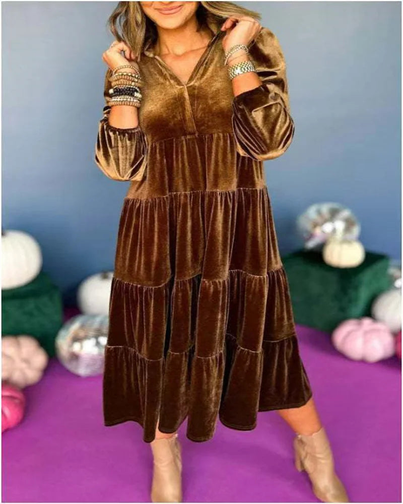 Elegant Burgundy Velvet Midi Dress – Chic & Flowy Style Women's Long Dress New V-neck Velvet Loose Fit Multi-layer Ruffle Hem Casual Comfortable Dress