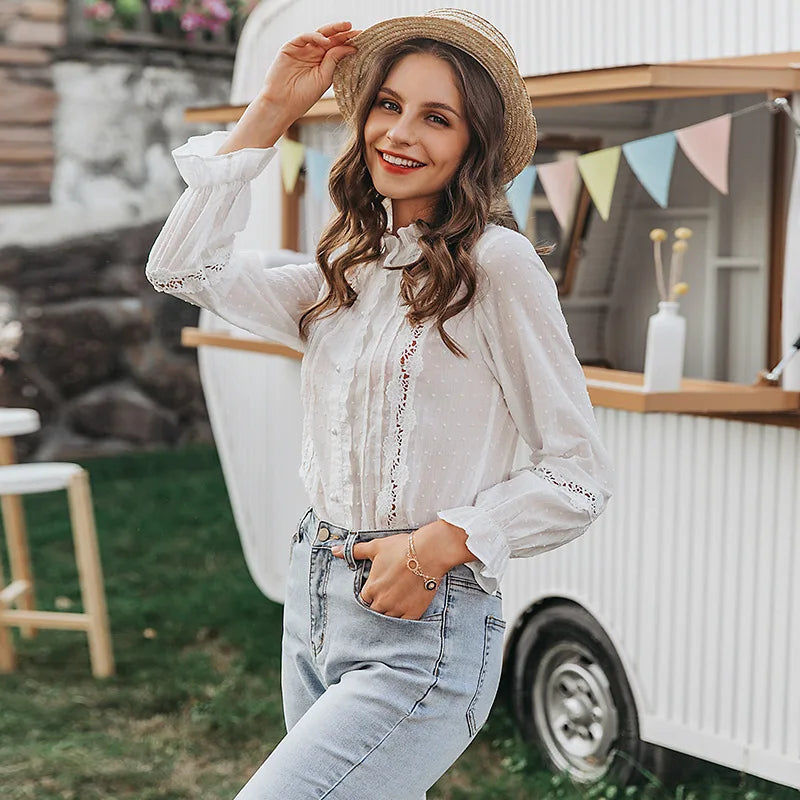 Romantic White Blouse with Lace and Ruffles | Bohemian Elegance 2025 Spring Summer Women Blouse Fashion Casual Ruffles V Neck Long Sleeve Hollow Out Tops Office Lady Boho Chic Shirt