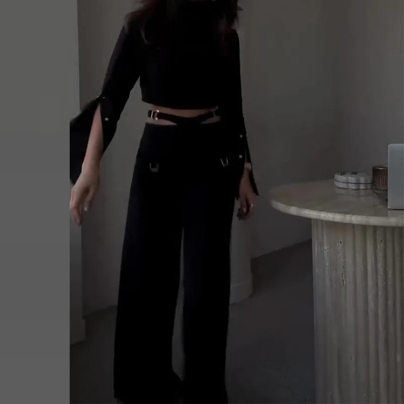 Chic 2-Piece Set for Women – Long Sleeve Crop Top & Wide-Leg Pants | Available in Black & White