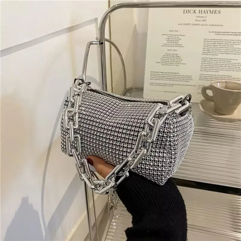 Women's Rhinestone Small Shoulder Bag Shiny Chain Handbag (6.3*3.54) inches