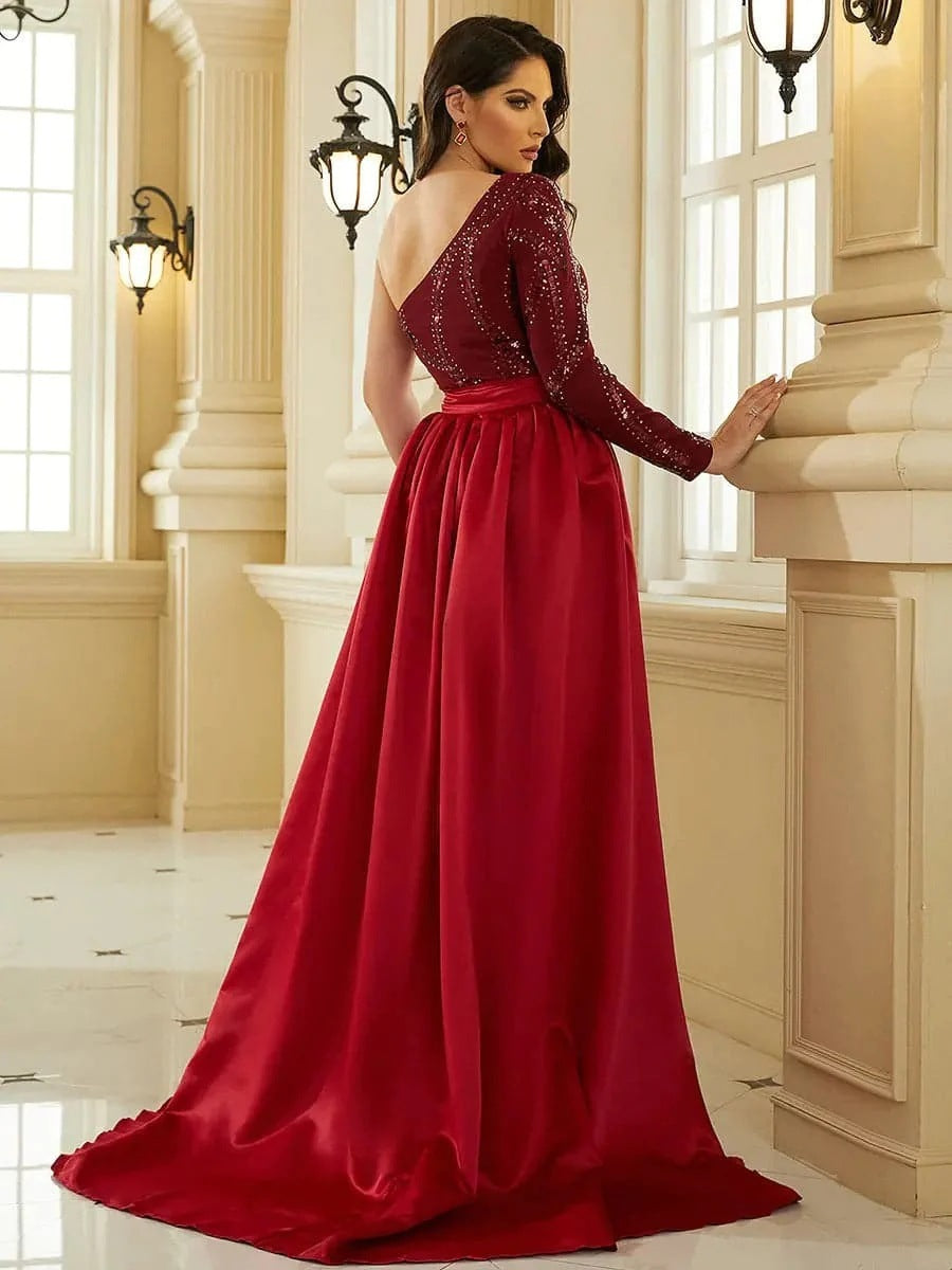 Red sequin midi dress, half shoulder, backless, party