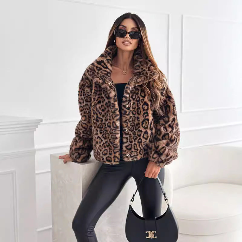 Women's Fashion Short Coat with Leopard Print, Lapel Collar and Faux Fur