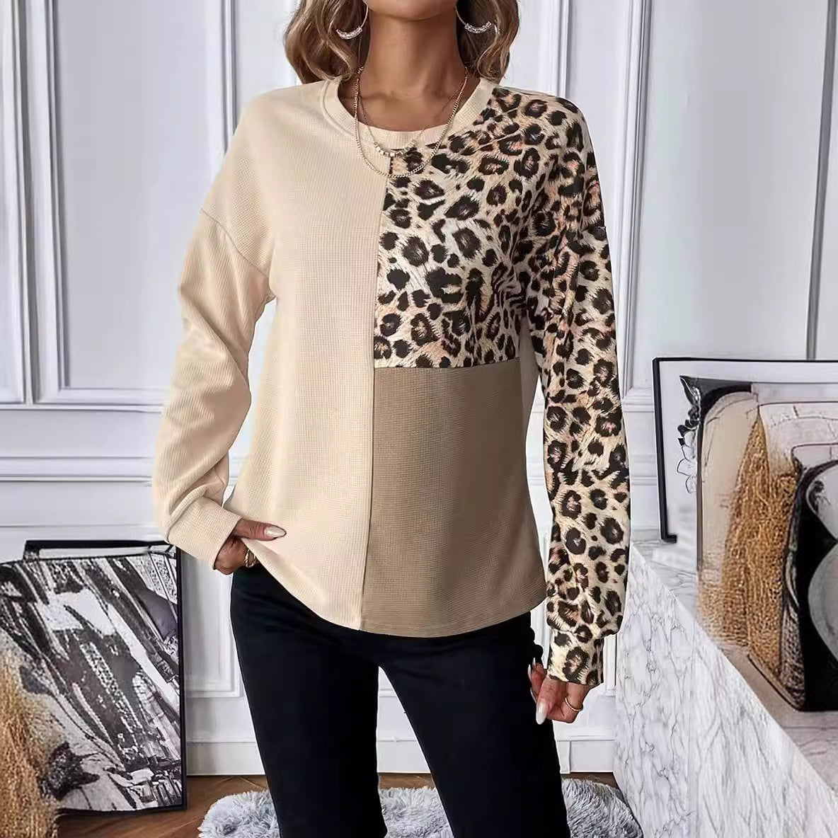 Personalized Long Sleeve Crew Neck Leopard Print Sweatshirt