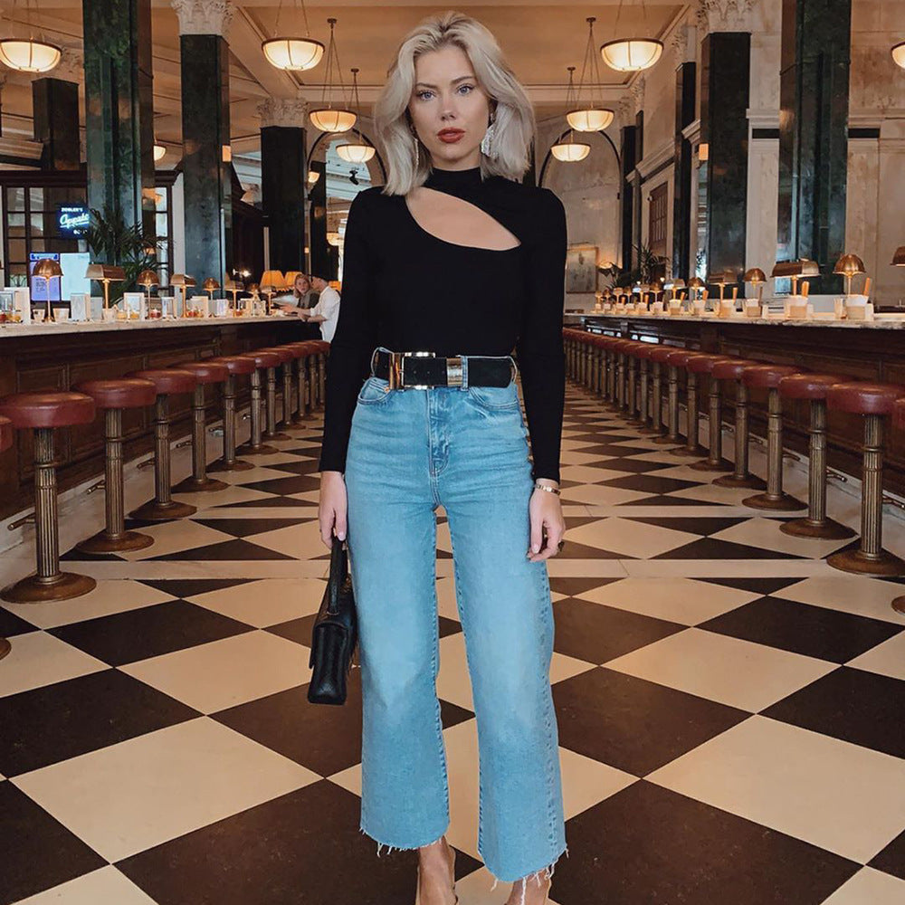 Asymmetrical Black Long-Sleeve Bodysuit – Bold & Trendy Style