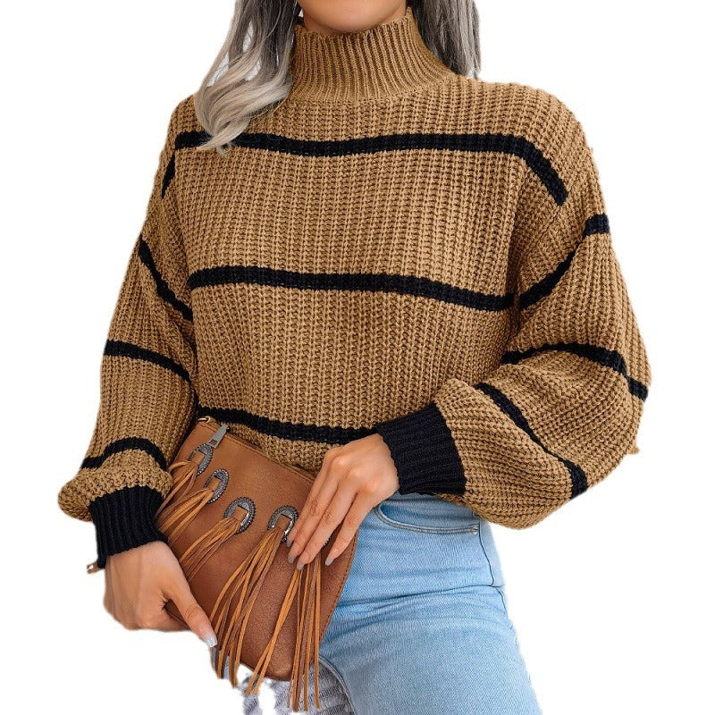 Knitted sweater, semi-high neck, two-tone stripes, autumn/winter trend