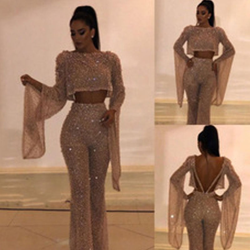 Sexy Sparkly Two Piece Halter Neck Long Fairy Sleeve Jumpsuit Set