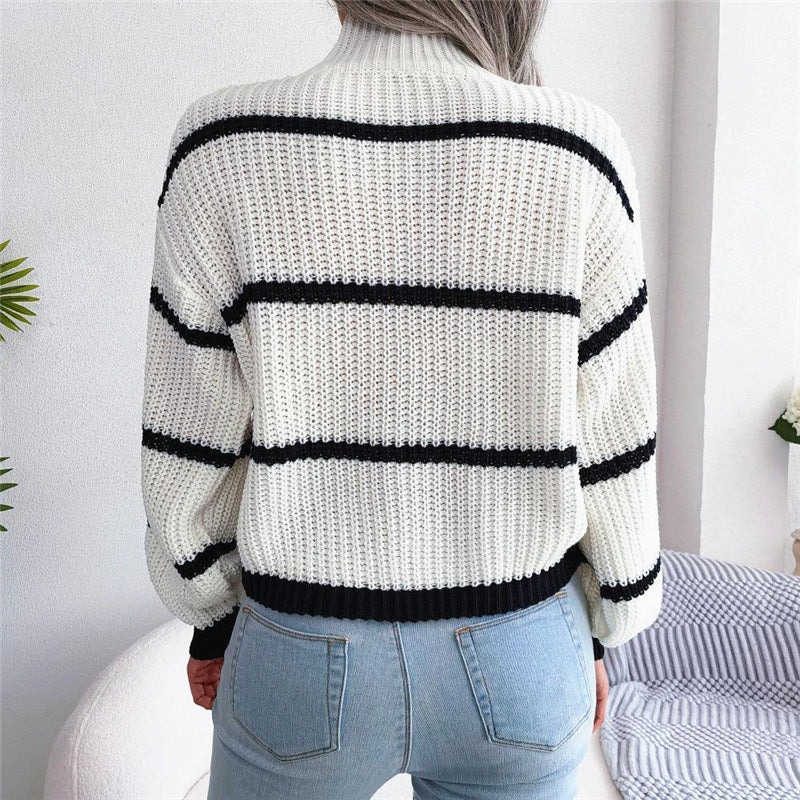 Knitted sweater, semi-high neck, two-tone stripes, autumn/winter trend