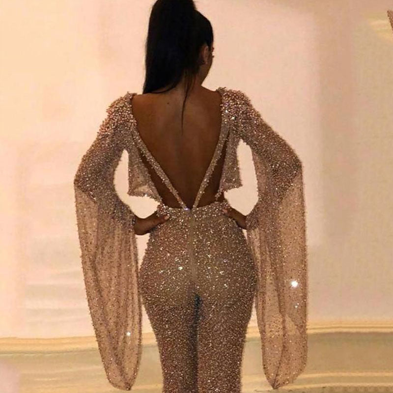 Sexy Sparkly Two Piece Halter Neck Long Fairy Sleeve Jumpsuit Set
