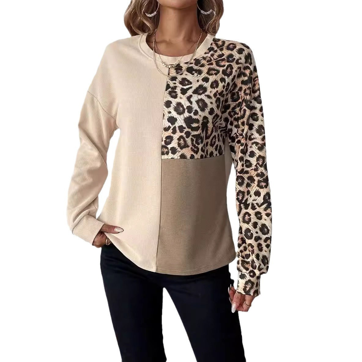 Personalized Long Sleeve Crew Neck Leopard Print Sweatshirt