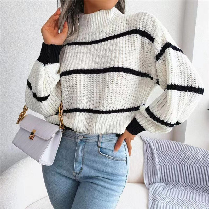 Knitted sweater, semi-high neck, two-tone stripes, autumn/winter trend