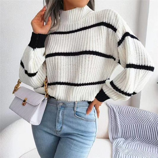 Knitted sweater, semi-high neck, two-tone stripes, autumn/winter trend