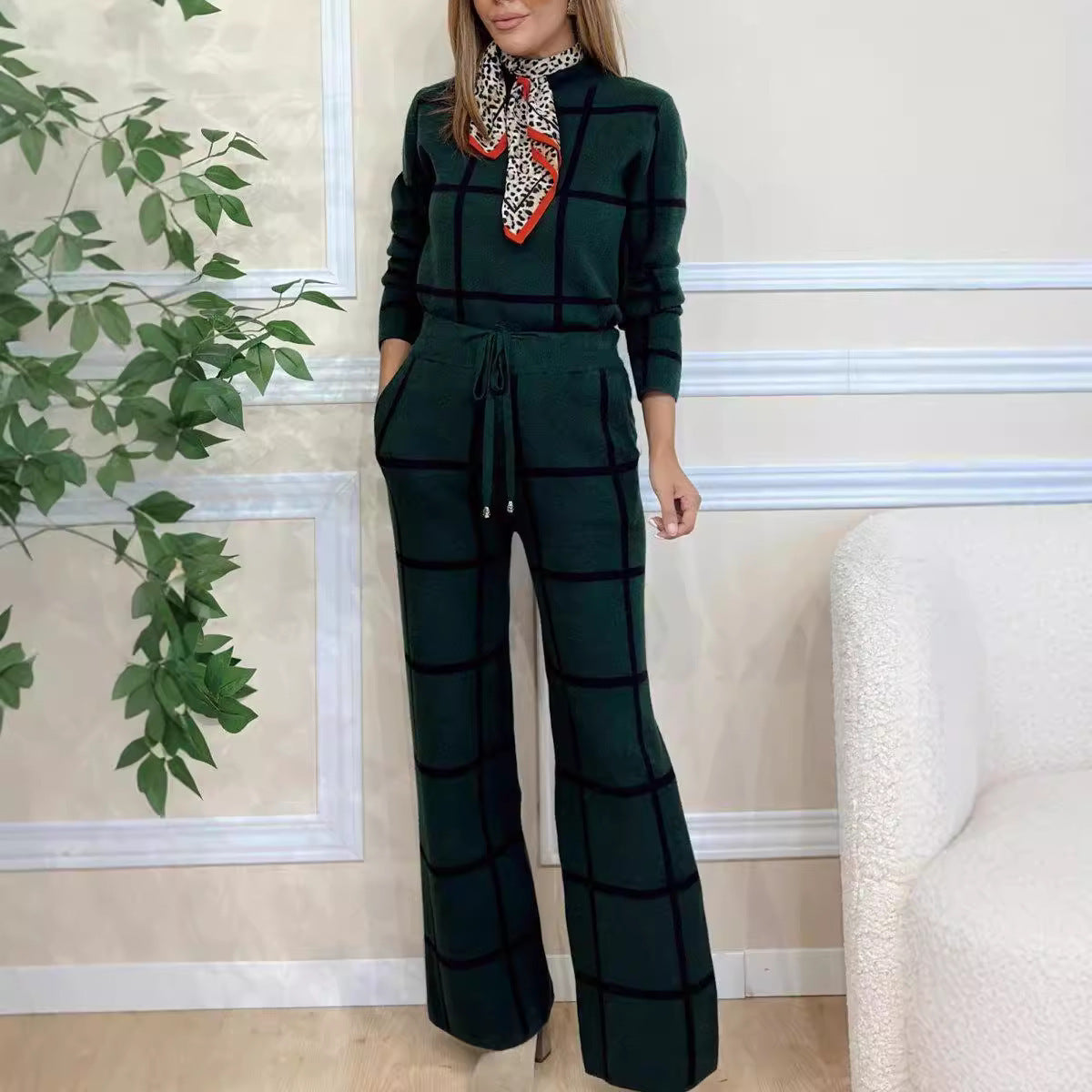 Women's Plaid Print Long Sleeve Turtleneck Sweater and Pants Set