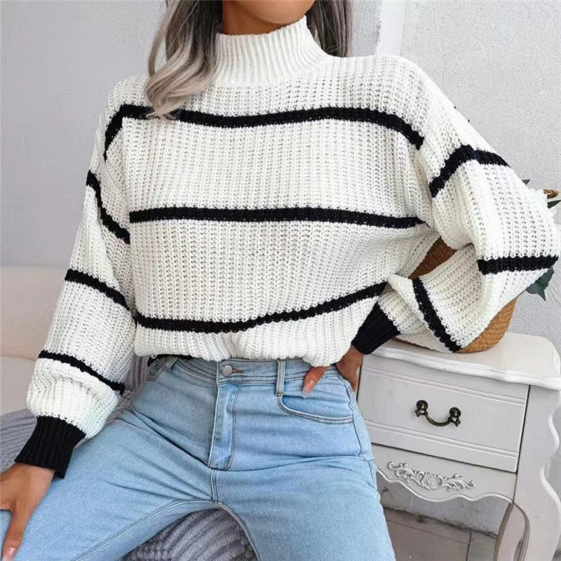 Knitted sweater, semi-high neck, two-tone stripes, autumn/winter trend