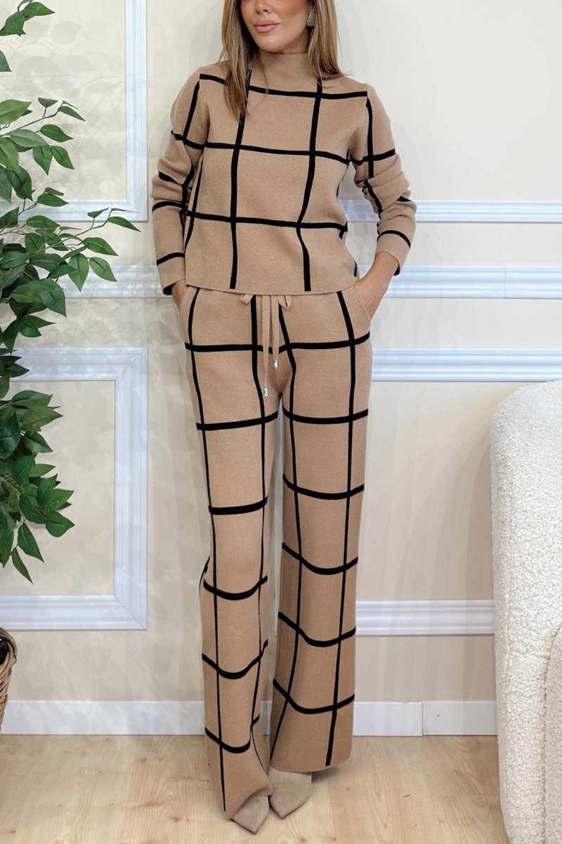Women's Plaid Print Long Sleeve Turtleneck Sweater and Pants Set