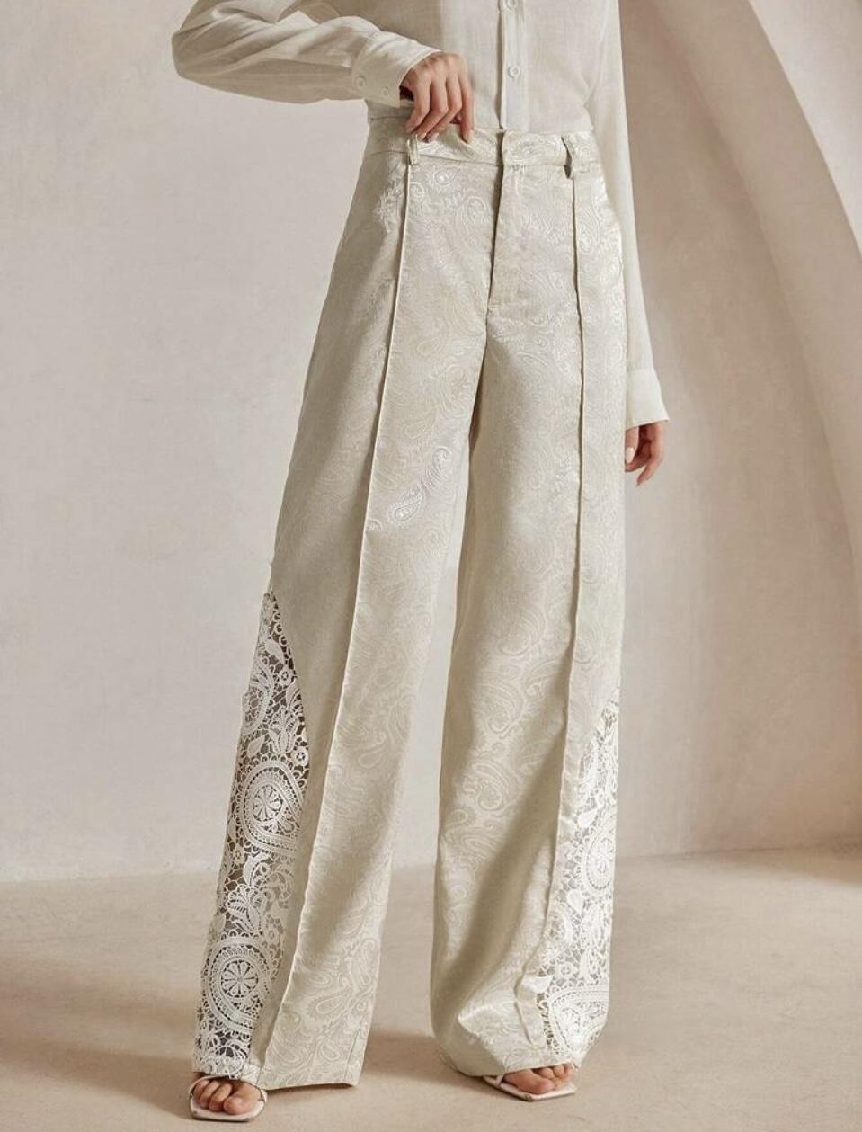 High-Waisted Palazzo Pants with Lace Detail – Timeless Elegance