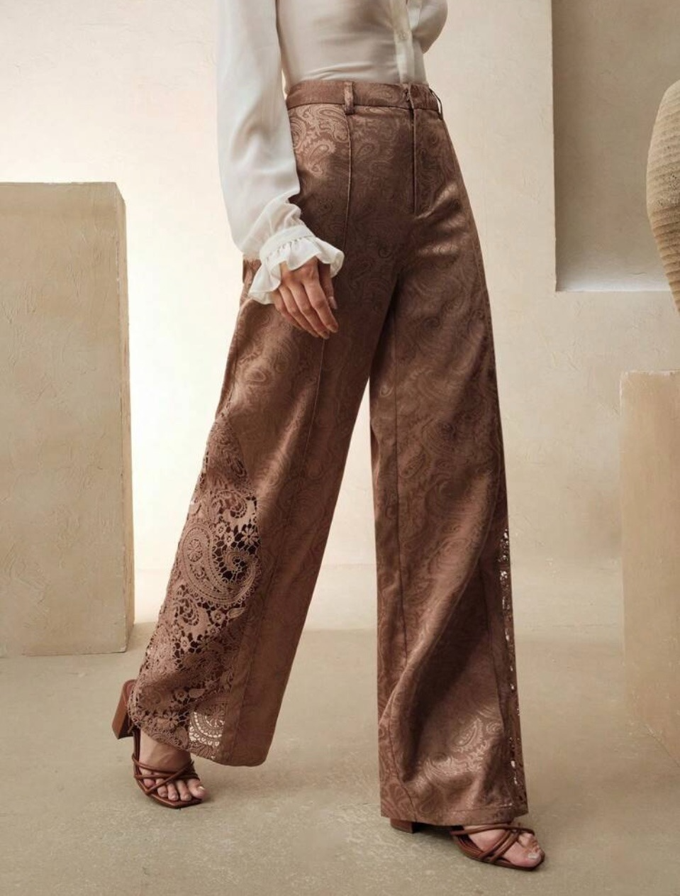 High-Waisted Palazzo Pants with Lace Detail – Timeless Elegance