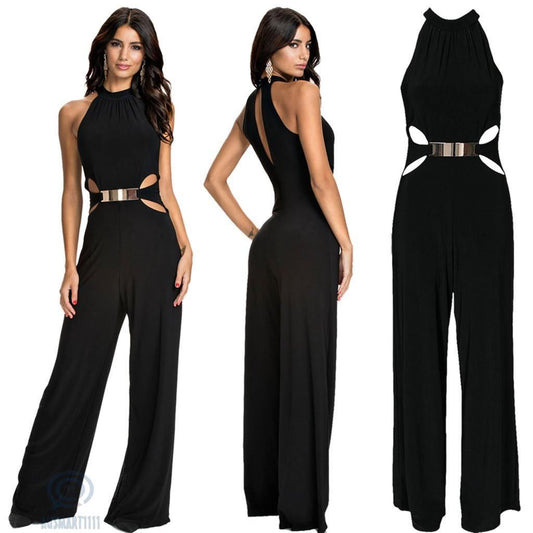 Black Jumpsuit Women's Casual Style with Stitching, Long Sleeves, High Neck and Flared Pants