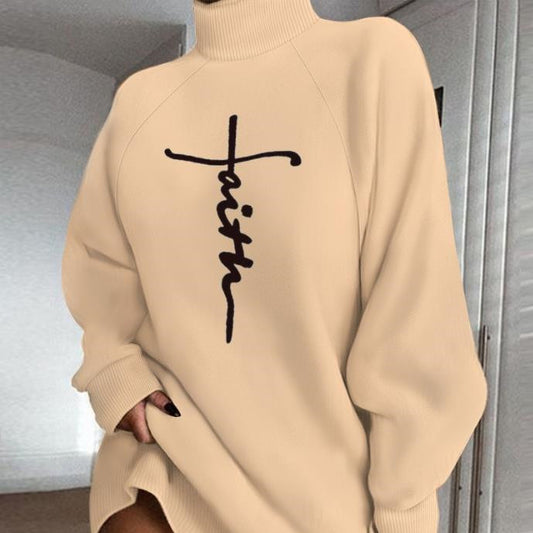 Women's Casual Knitted Sweater Dress, Long Turtleneck, Solid Color