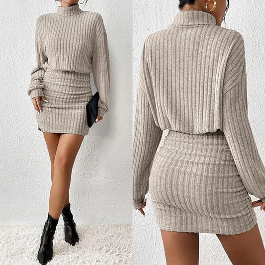 Women's Dresses  Casual Plain Knitted Pullover Long Lantern Sleeve High Neck Mini A-Line Short Dresses