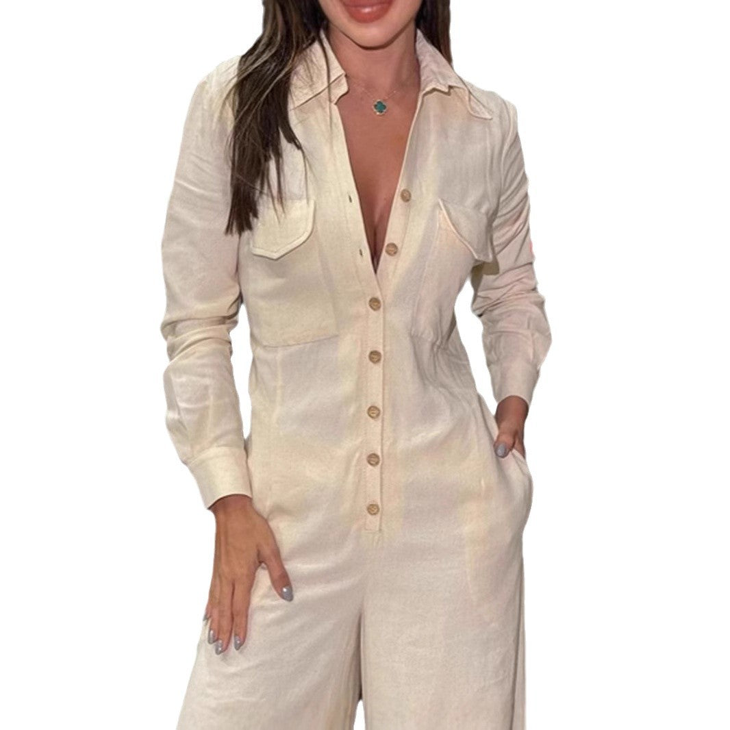 Relaxed Fit Shirt Collar Jumpsuit women's onesies, autumn new fashion lapel V-neck casual