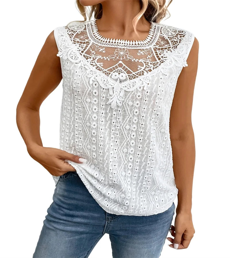 Detailed Lace White Tank Top | Casual Summer Elegance Cross-border hot spring new pure-color sweet wind lace stitching sleeveless blouse woman