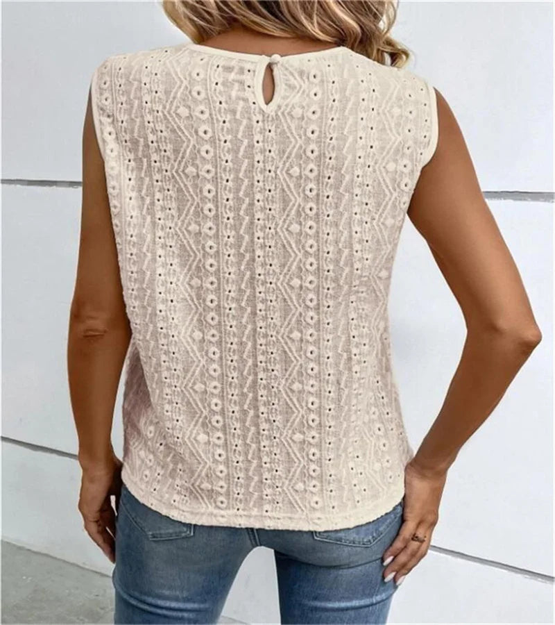 Detailed Lace White Tank Top | Casual Summer Elegance Cross-border hot spring new pure-color sweet wind lace stitching sleeveless blouse woman