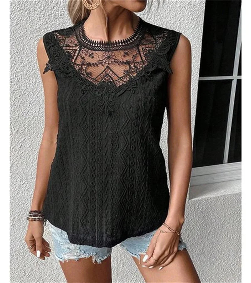 Detailed Lace White Tank Top | Casual Summer Elegance Cross-border hot spring new pure-color sweet wind lace stitching sleeveless blouse woman