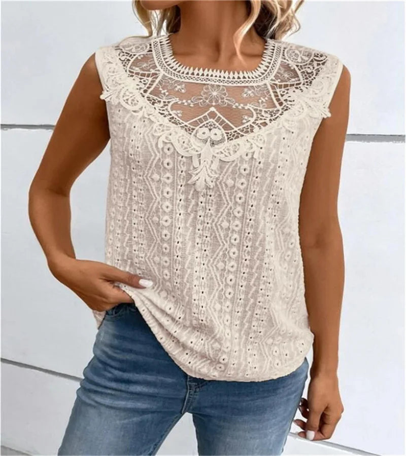 Detailed Lace White Tank Top | Casual Summer Elegance Cross-border hot spring new pure-color sweet wind lace stitching sleeveless blouse woman