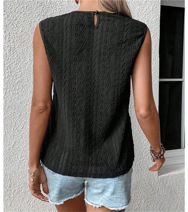 Detailed Lace White Tank Top | Casual Summer Elegance Cross-border hot spring new pure-color sweet wind lace stitching sleeveless blouse woman
