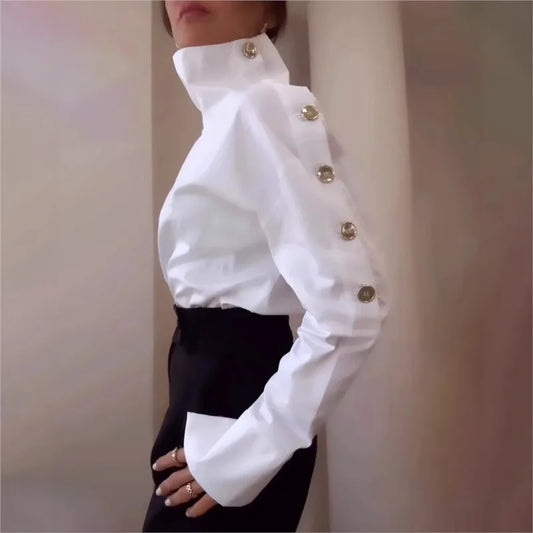 Women Trendy Stand Collar Side Button Elegant Shirt Spring  Leisure Versatile Sexy Off Shoulder Long Sleeve White Blouses
