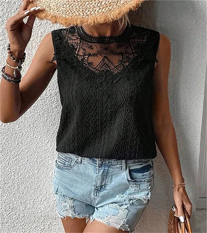 Detailed Lace White Tank Top | Casual Summer Elegance Cross-border hot spring new pure-color sweet wind lace stitching sleeveless blouse woman