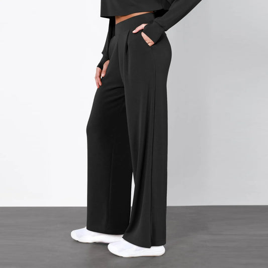 Women Black Draped Trouser Lady Office Business Work Formal Suit Pants Solid Color High Waist Straight Wide Leg Casual Pantalone