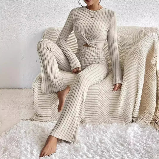 New Casual Solid Color 2-Piece Suit Top And Pants Cropped Long Sleeve Wrap Around Fashion Outfits For Women