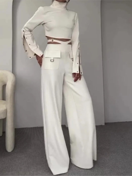 Chic 2-Piece Set for Women – Long Sleeve Crop Top & Wide-Leg Pants | Available in Black & White