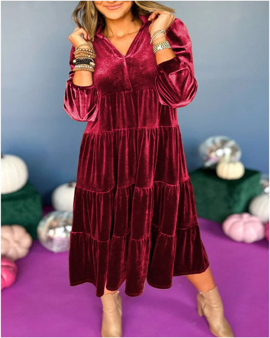 Elegant Burgundy Velvet Midi Dress – Chic & Flowy Style  Women's Long Dress  New V-neck Velvet Loose Fit Multi-layer Ruffle Hem Casual Comfortable Dress