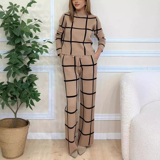 Women's Plaid Print Long Sleeve Turtleneck Sweater and Pants Set