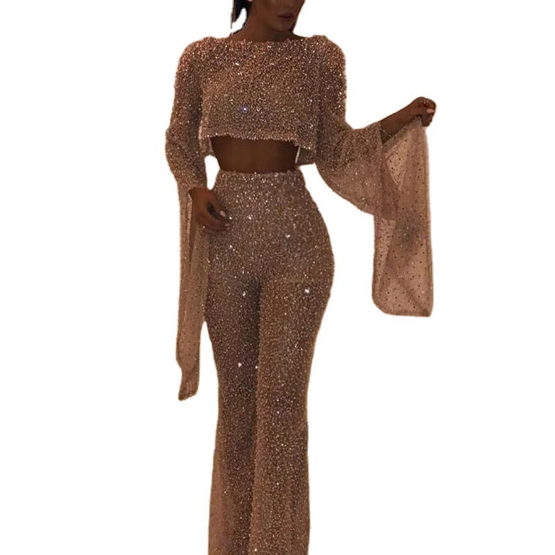 Sexy Sparkly Two Piece Halter Neck Long Fairy Sleeve Jumpsuit Set