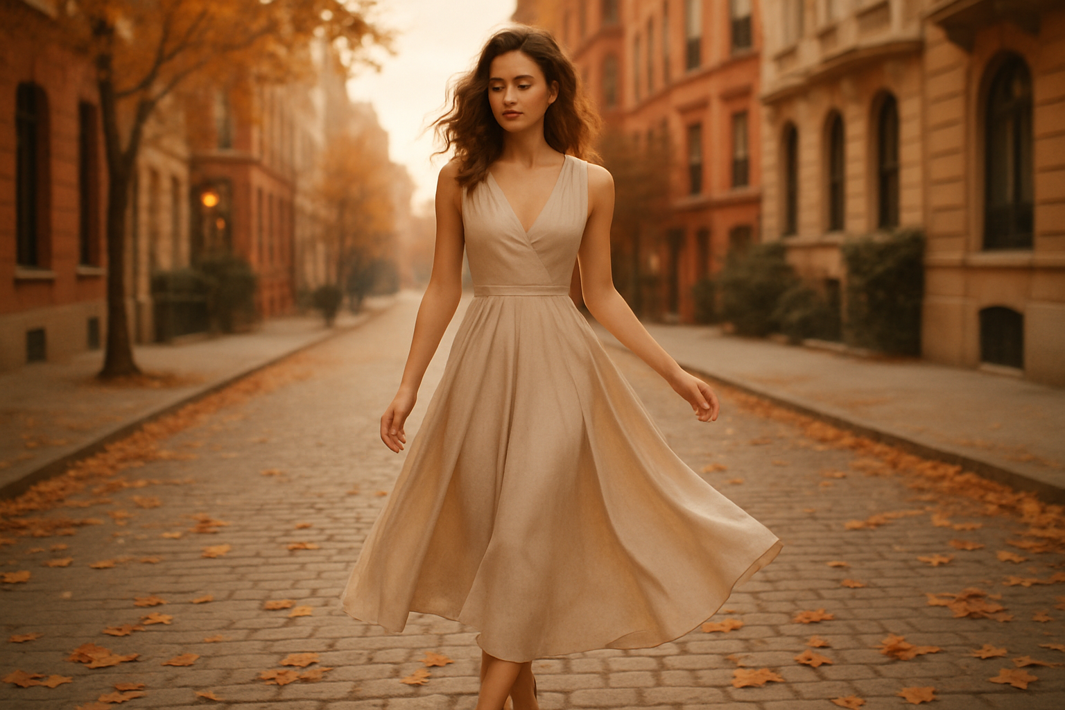 Transición verano → otoño, Fondo cálido (tonos tierra, beige, terracota, burdeos).

Detalles de hojas secas o naturaleza otoñal minimalista, en una ciudad como new york o paris y una modelo luciendo un vestido